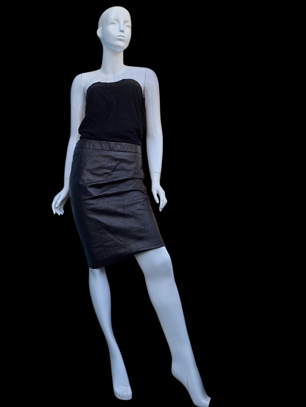 Vintage/Y2-K Max Mara Slam Croc-Embossed Leather/Wool Mixed-Media Pencil Skirt 6